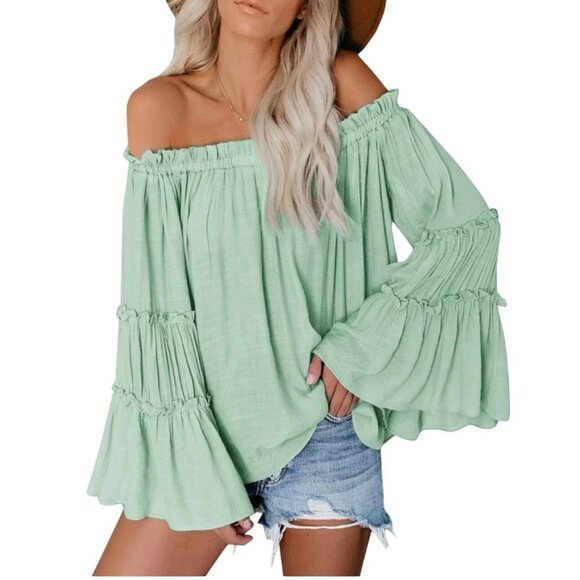 Umgee Womens Mint Green Off-Shoulder Boho Top Blouse Tiered Bell Sleeves Size M - Picture 1 of 12